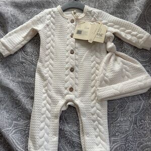 Snug Cream Knit Baby Footie and Hat Set
